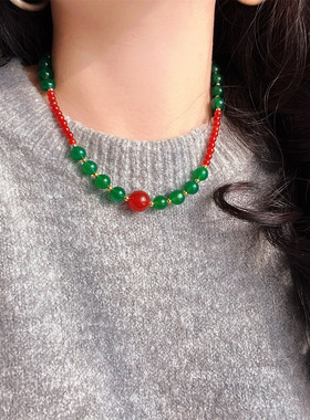 绿玉髓红玛瑙撞色新中式项链