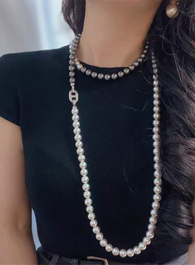 猪鼻扣渐变灰色珍珠长项链挂脖