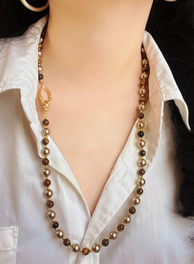 美拉德风咖色珍珠项链女虎眼石
