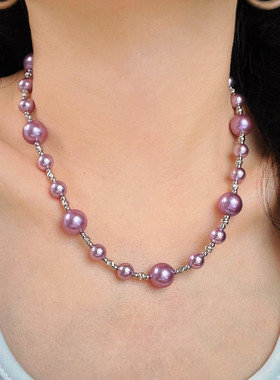 紫色系混彩满天星项链女款锁骨链百搭通勤款温柔优雅元宝扣配饰