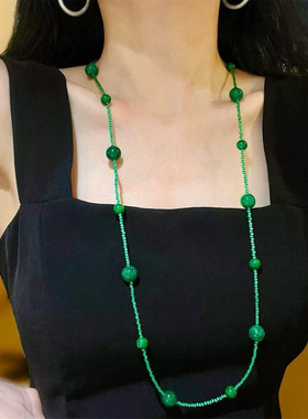 优化干青绿玉髓长款项链黑水晶