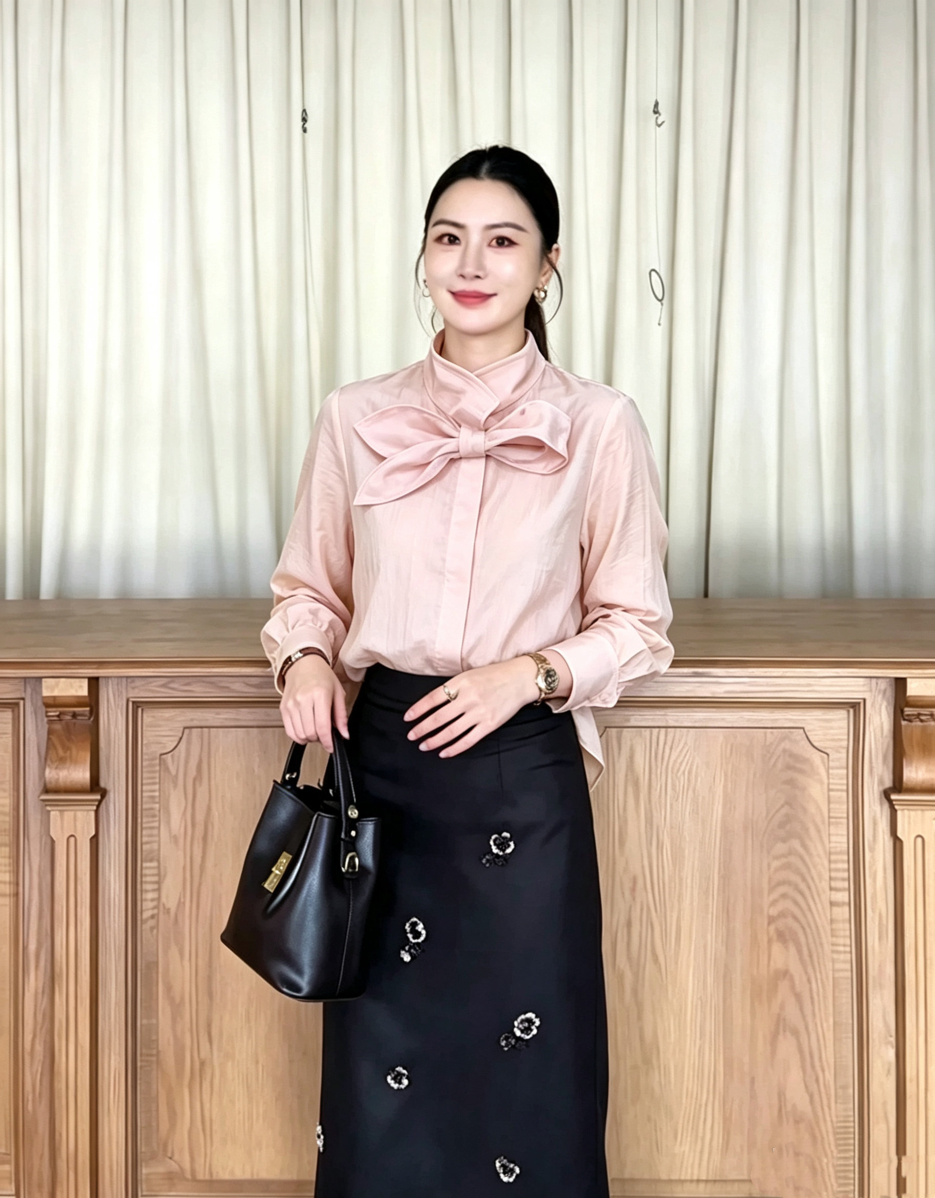 深圳南油人丝蝴蝶结立领长袖衬衫女轻奢气质通勤百搭显瘦纯色上衣