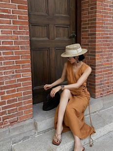 夏重磅100%纯亚麻V领连衣裙高端轻奢气质显瘦收腰通勤度假长裙子