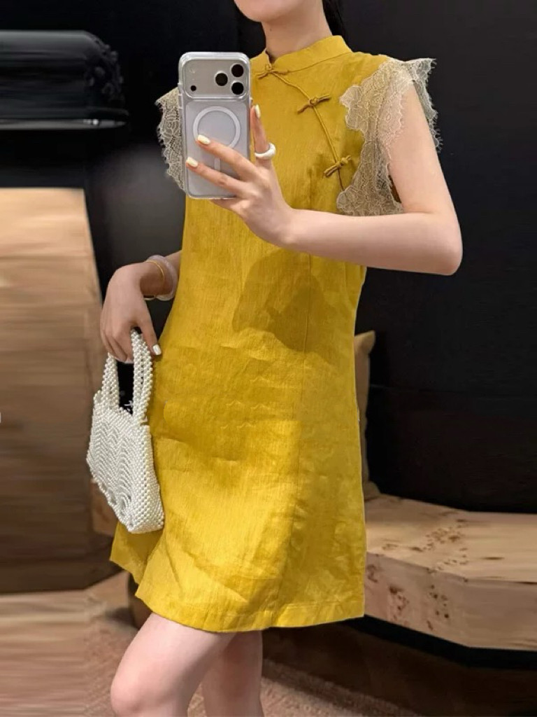 百分百亚麻拼蕾丝轻国风短款连衣裙显瘦小个子百搭A字旗袍裙裙子