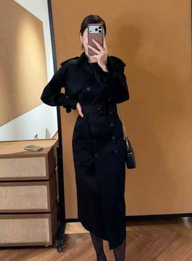 英伦风羊毛连衣裙女装秋收腰系带长款气质通勤日常开叉风衣式外套