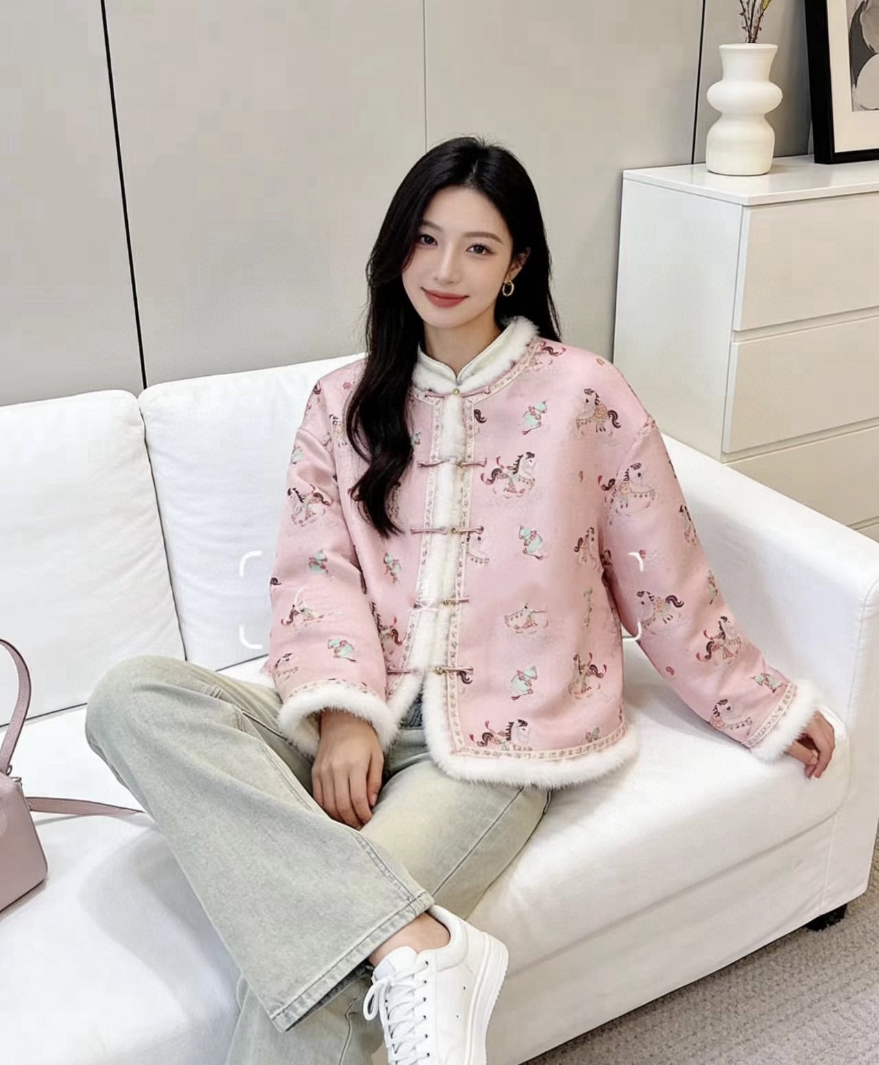 宋锦拼接水貂毛棉服顺意福马2025新款洋气百搭高品质爆款棉服外套