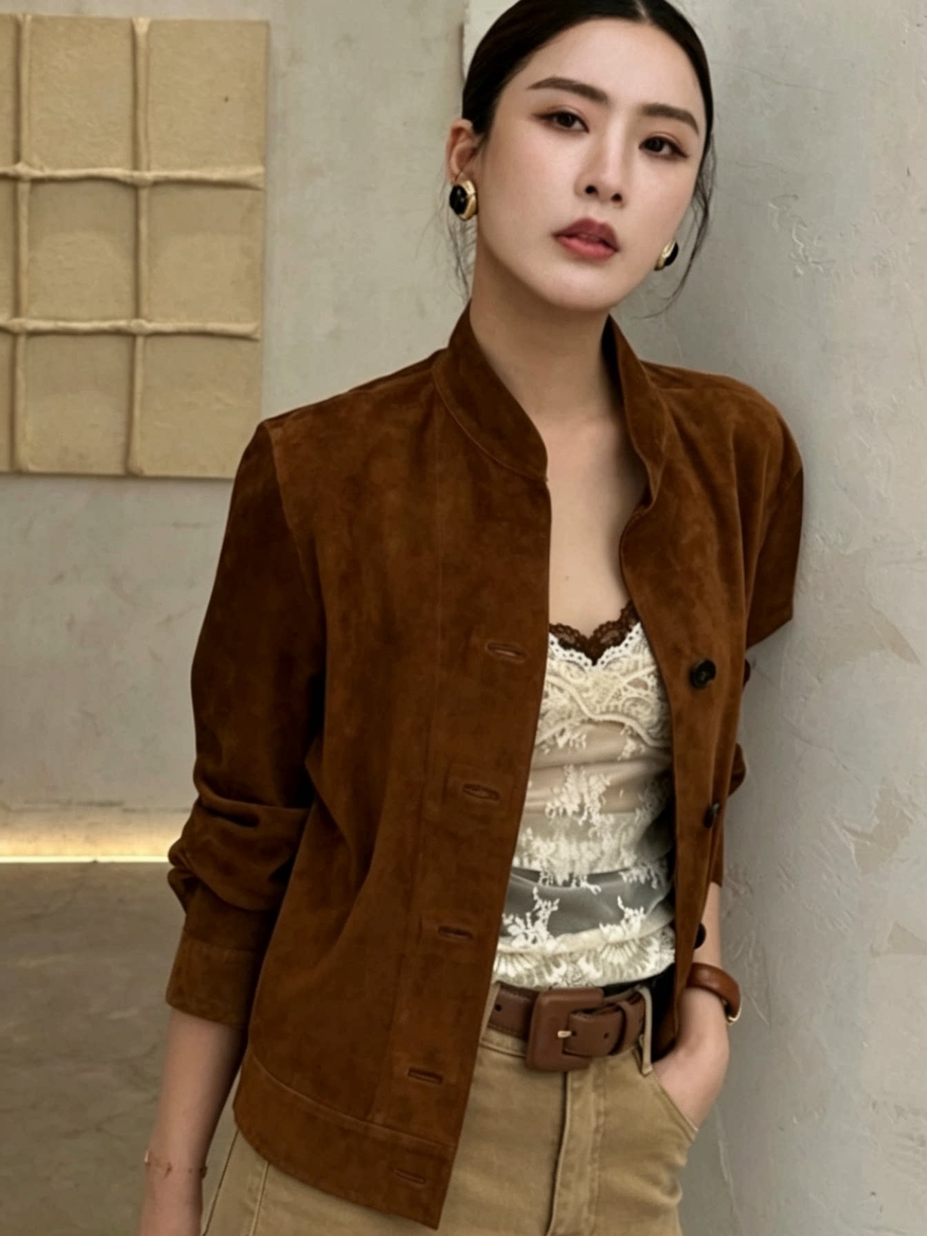 秋季复古立领羊皮绒短外套女美拉德风宽松显瘦翻毛麂皮质感夹克