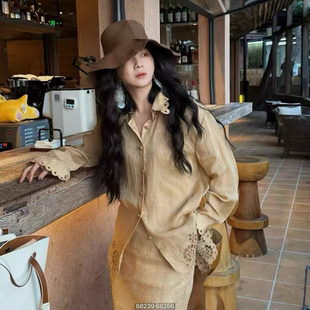 100%亚麻重工刺绣套装南法度假风镂空宽松衬衫半身裙绣花两件套