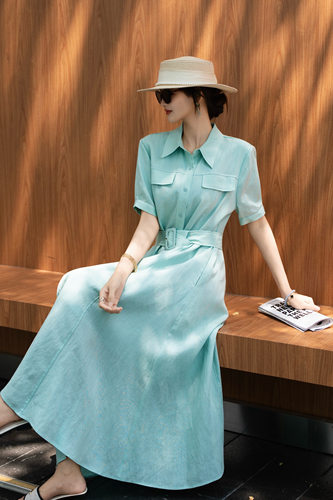 大牌100%亚麻连衣裙通勤简约风收腰大摆长裙显瘦气质修身连衣裙