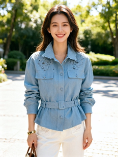 100%亚麻刺绣上衣镂空刺绣花单排扣系带收腰翻领纯色休闲百搭衬衣