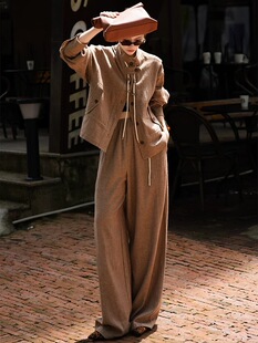 LP100%亚麻套装老钱风穿搭高级感休闲咖色外套阔腿裤套装女秋季