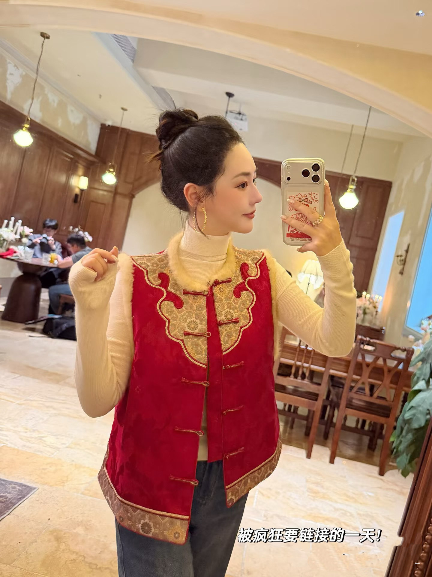 宋锦如意纹水貂毛加棉马甲新年服中式国风提花拼边双面穿夹棉马甲