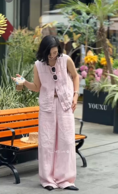 100%亚麻圆领马甲套装2025夏季新款时尚百搭无袖马甲长裤两件套
