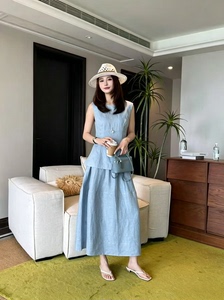 夏季高端百分百亚麻无袖套装气质收腰显瘦通勤半身裙两件套穿搭