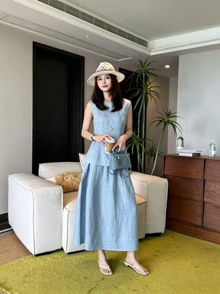 夏季高端百分百亚麻无袖套装气质收腰显瘦通勤半身裙两件套穿搭