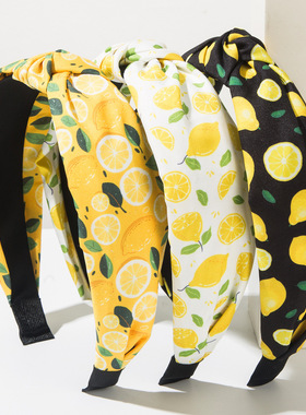 新款韩版宽边打结发卡水果系列发箍拼色柠檬印花布艺防滑头箍清晰