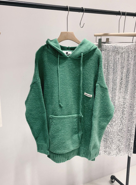 冬季特价绿色连帽套头针织毛衣女秋冬宽松慵懒松弛感大码卫衣
