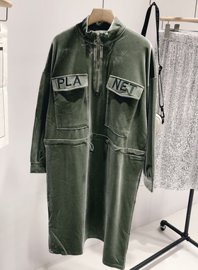 工装风军绿色连帽卫衣女宽松大码口袋拉链丝绒保暖加厚百搭上衣