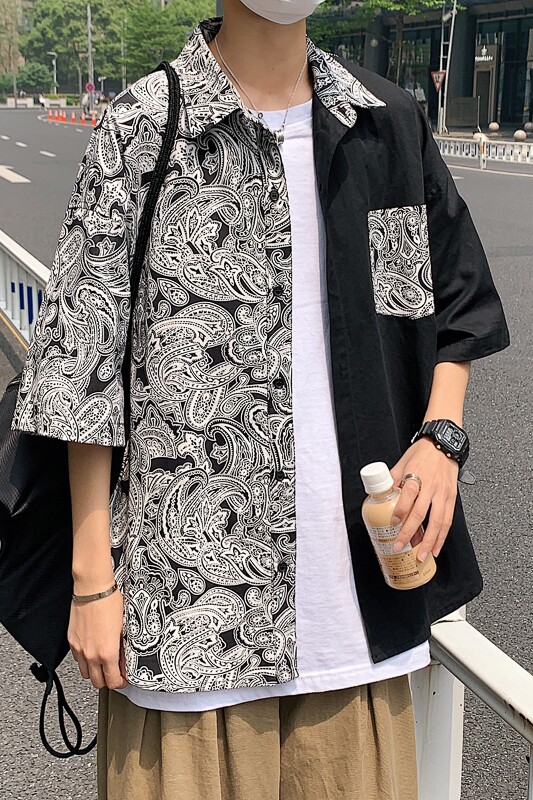 21夏季新款男民族风拼色翻领短袖衬衣男衬衫7128-P45,男装衬衫,电商B380（原B361）