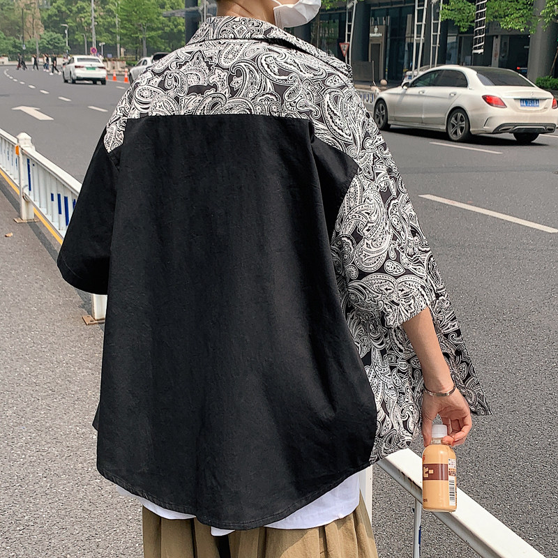 21夏季新款男民族风拼色翻领短袖衬衣男衬衫7128-P45,男装衬衫,电商B380（原B361）