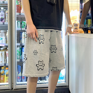 港风 男女小熊印花针织卫裤休闲五分短裤青年裤子 7135-P35图片