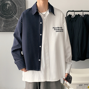 秋季男女休闲条纹衬衫青春流行长袖宽松青年衬衫 7111图片