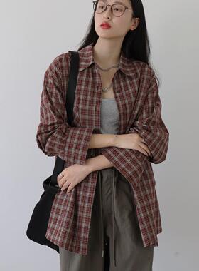 CHICCLO 红棕色织格纹衬衫女秋季红茶拿铁 韩系复古休闲松弛上衣