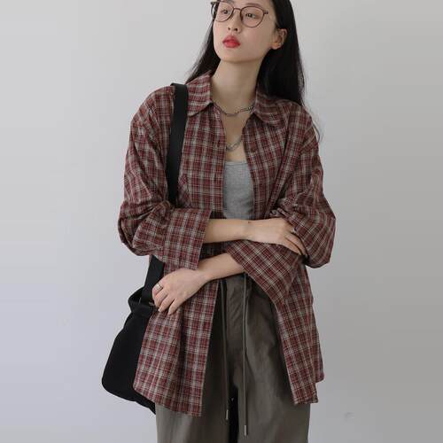 宽松复古长袖红棕色衬衫