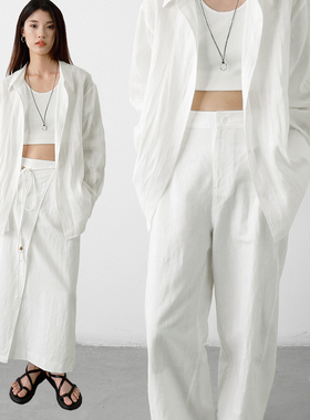 CHICCLO夏季新款亚麻絮语 宽松棉麻肌理轻白色衬衫弯刀裤半裙套装