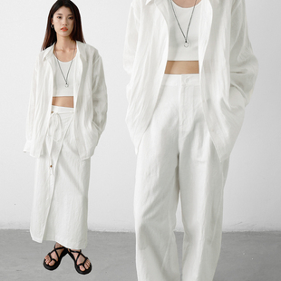 CHICCLO夏季新款亚麻絮语 宽松棉麻肌理轻白色衬衫弯刀裤半裙套装