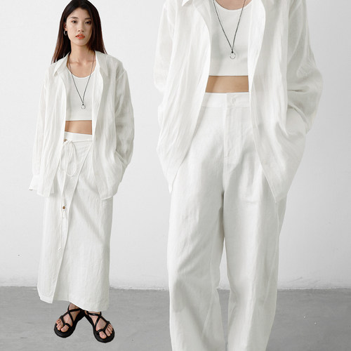 CHICCLO夏季新款亚麻絮语 宽松棉麻肌理轻白色衬衫弯刀裤半裙套装