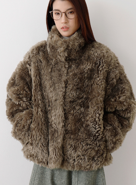 小烟熏-环保皮草 高级显贵毛绒绒立领短外套大衣