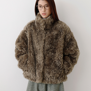 小烟熏-环保皮草 高级显贵毛绒绒立领短外套大衣
