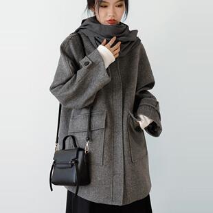 CHICCLO 韩系高级感翻领羊毛毛呢外套小个子大口袋廓形呢大衣冬女