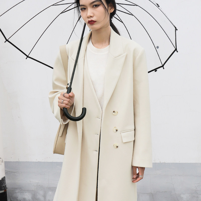 毛呢西装外套女春季2024新款韩版宽肩重工气质双门襟长款呢子大衣