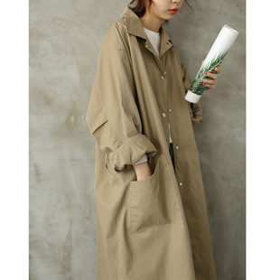 卡其色长款 2024春季 新款 休闲宽松OVERSIZE大口袋翻领外套 风衣女