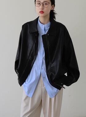 CHICCLO 夹克皮衣甜酷女孩春秋新款宽松简约垂软黑色复古上衣外套