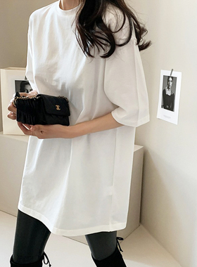 白色短袖T恤女 2023夏季中长款百搭休闲宽松显瘦圆领落肩纯棉上衣