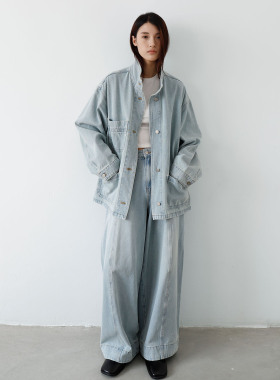 饭馆 海盐牛仔套装 水洗蓝宽松立领工装外套杨桃裤上衣