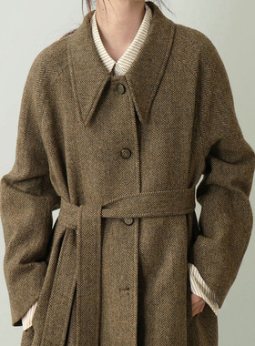 人字纹呢子外套女2025秋冬新款 100全羊毛复古慵懒感宽松毛呢大衣