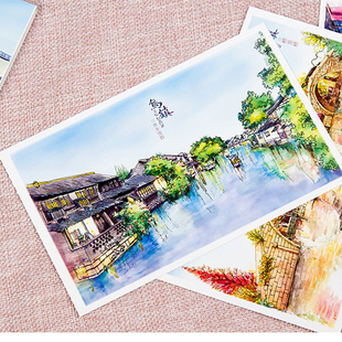 乌镇创意手绘明信片江南水乡风景古建筑卡片中国古镇旅游纪念包邮
