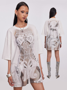 DAMAGE 骨骼束腰 印花圆领落肩宽松T恤 oversize体恤 ASIA