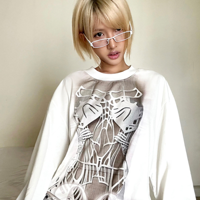 DAMAGE ASIA AW24 骨骼束腰印花圆领宽松长袖T恤上衣
