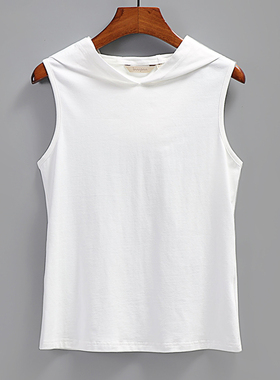 无袖内搭带帽背心女白色春秋卫衣叠穿休闲连帽针织棉纯色打底衫薄