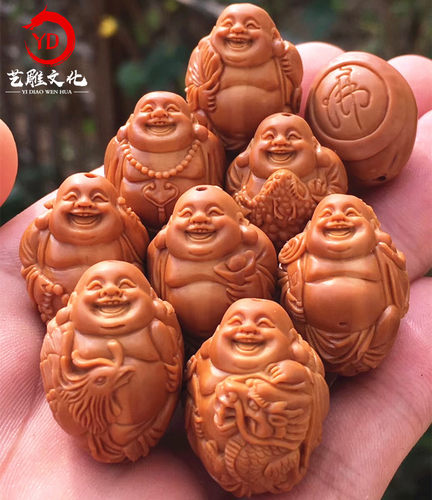 文玩男款八大瑞兽弥勒橄榄核手串