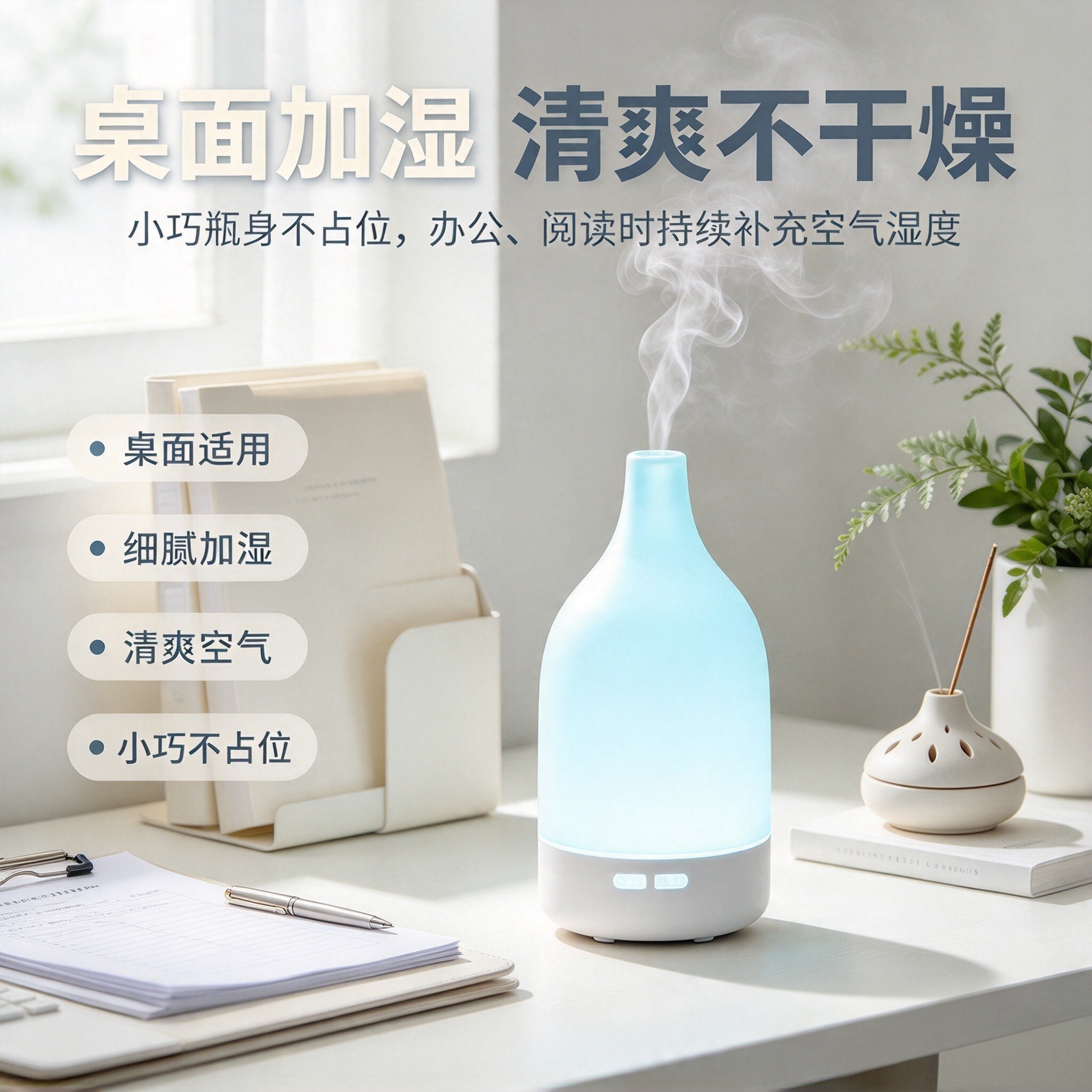 细腻加湿香氛机迷你超声波细颈瓶香薰加湿器扩香机卧室床头加湿器