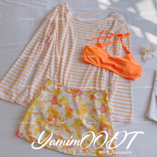 多巴胺甜美少女短裙比基尼四件套小胸分体长袖 海边度假风泳衣 罩衫