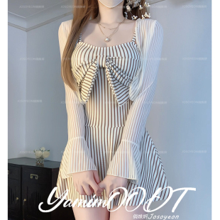 高级感小清新条纹吊带连体泳衣女裙式 保守遮肉显瘦泡温泉度假 长袖