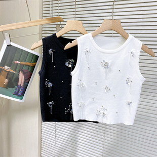 背心2024新款 冰丝针织无袖 设计感上衣女 手工钉珠珠片修身 春夏新款