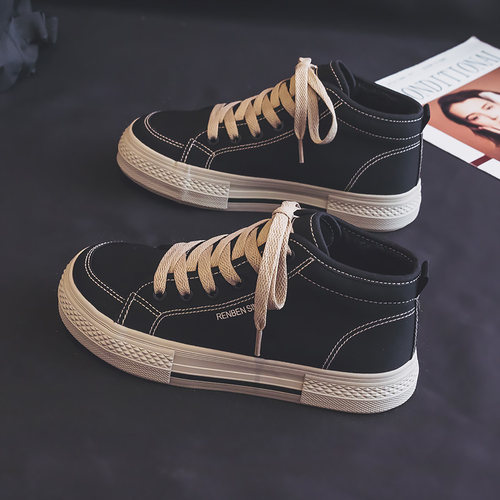 人本女鞋高帮帆布鞋女加绒棉鞋保暖中帮休闲学生板鞋2025冬季新款